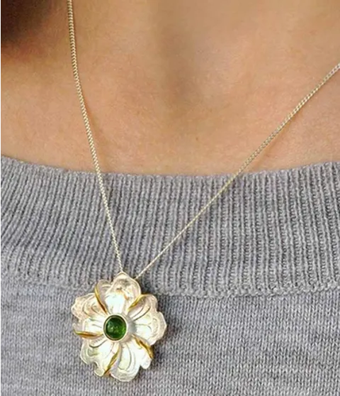 14K Gold and Sterling Silver Jade Peony Flower Pendant Necklace