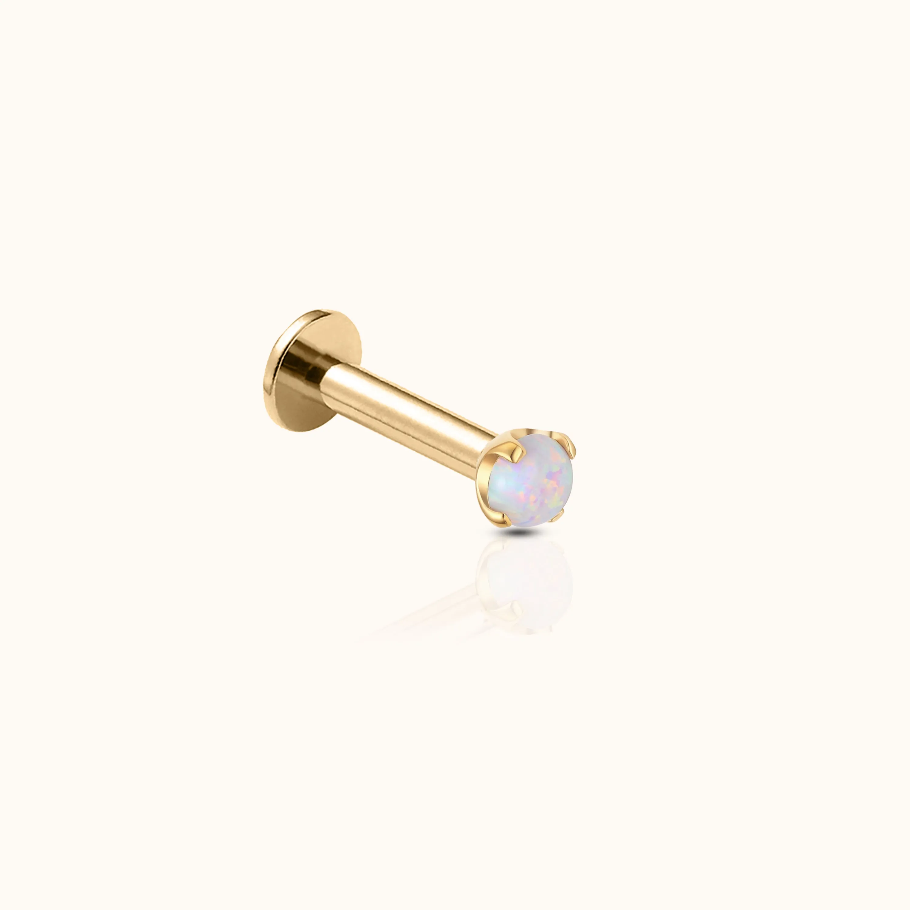 14K Solid Gold 2mm Opal Threadless Labret Flat Back Earring