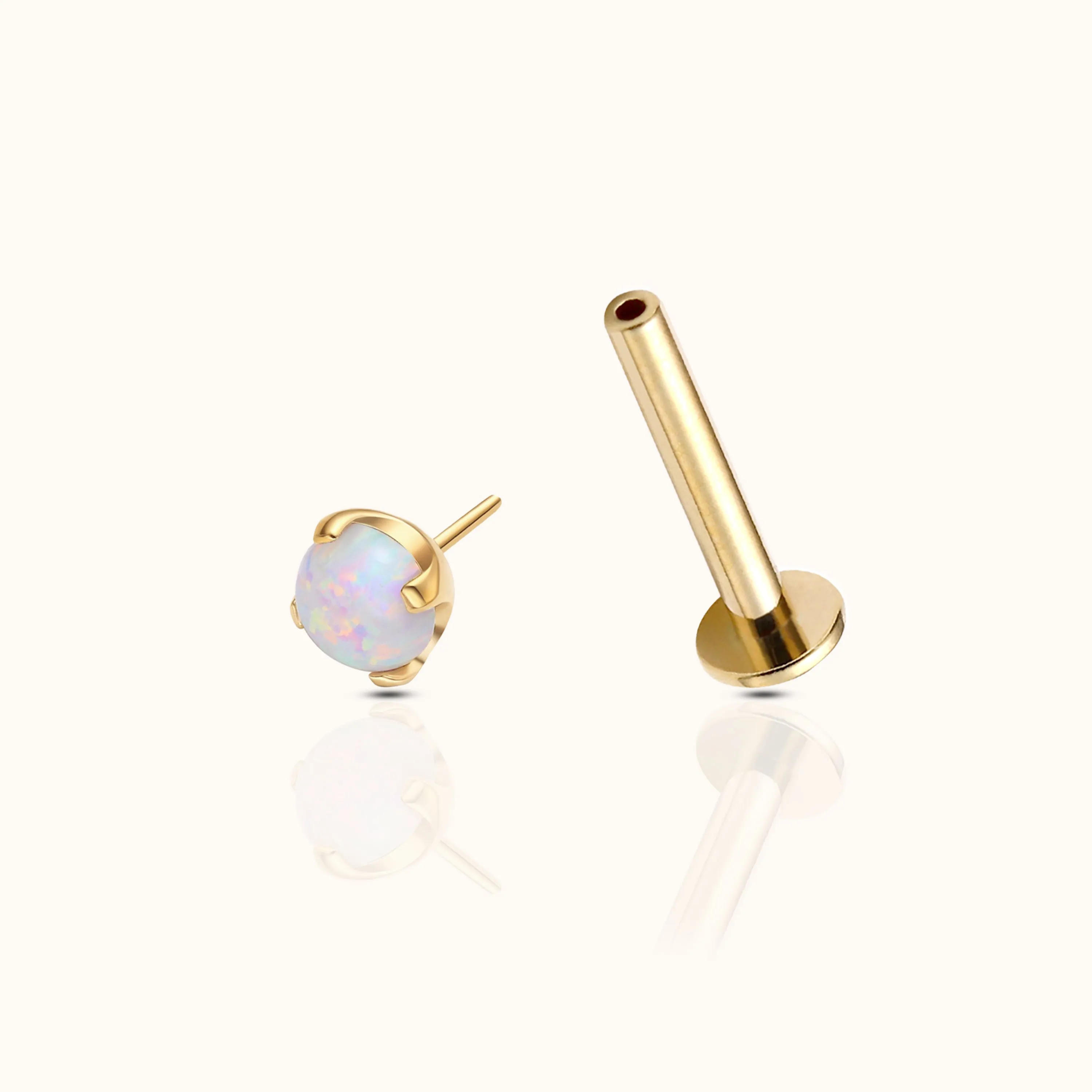 14K Solid Gold 3mm Opal Threadless Labret Flat Back Earring
