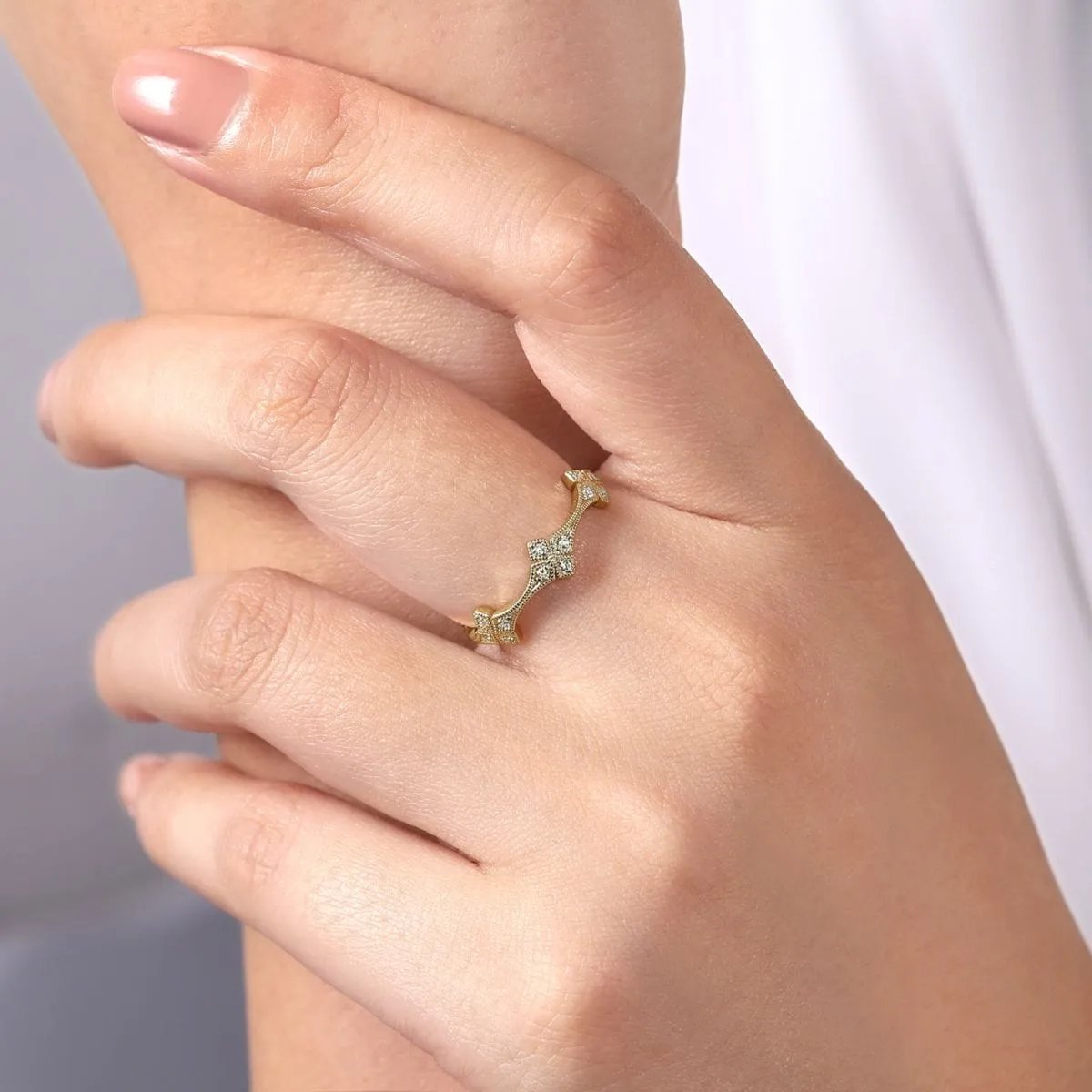 14K Yellow Gold Diamond Floral Station Stackable Ring - LR50891Y45JJ