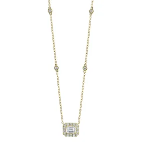 14K Yellow Gold Emerald Diamond Pendant Station Necklace