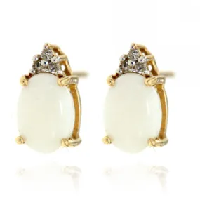 14k Yellow Gold White Opal Gemstone and Diamond Stud Earrings, Birthstone of October.