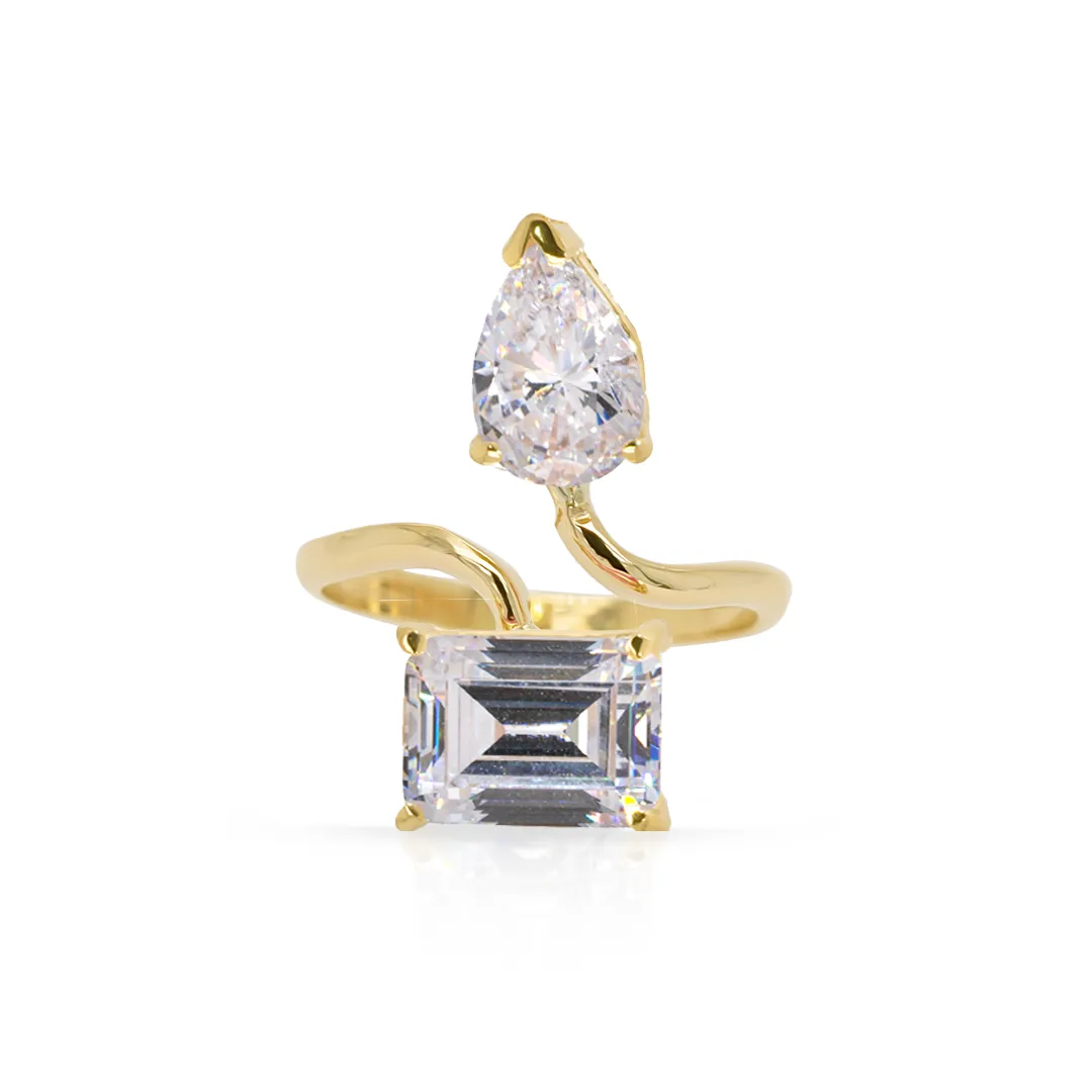 14K Yellow Gold White Topaz Drop, Emerald Cut Gemstones Adjustable Ring