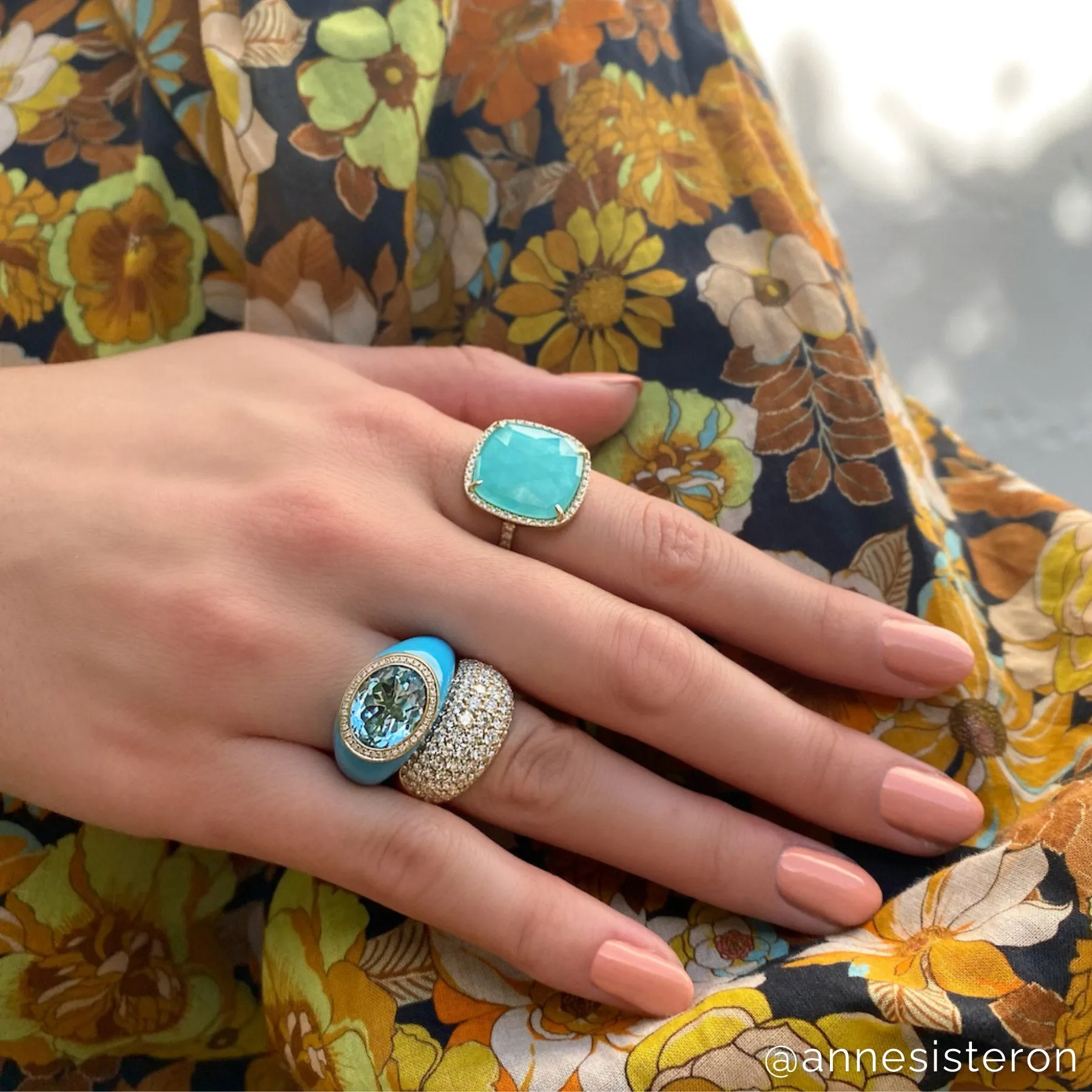 14KT White Gold Diamond Turquoise Doublet Cushion Cut Cocktail Ring