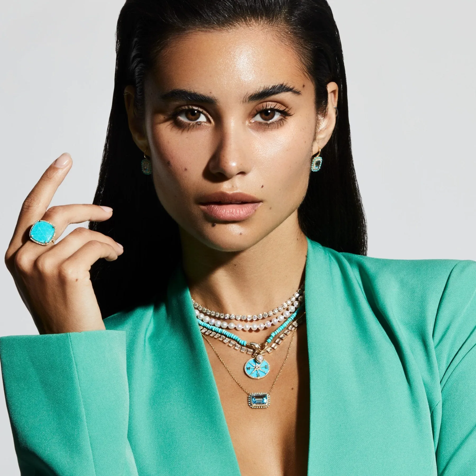 14KT White Gold Diamond Turquoise Doublet Cushion Cut Cocktail Ring