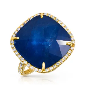 14KT Yellow Gold Diamond Blue Sapphire Triplet Cushion Cut Cocktail Ring