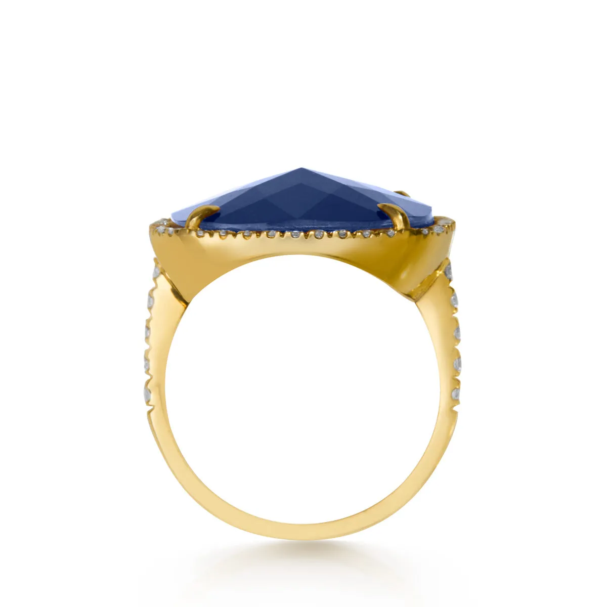 14KT Yellow Gold Diamond Blue Sapphire Triplet Cushion Cut Cocktail Ring