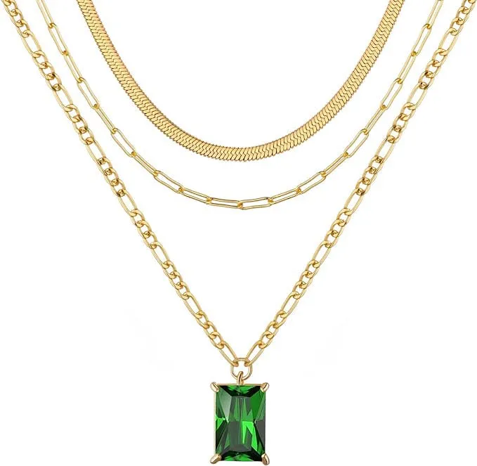 18K Gold Multi Layer Emerald cut Green Necklace