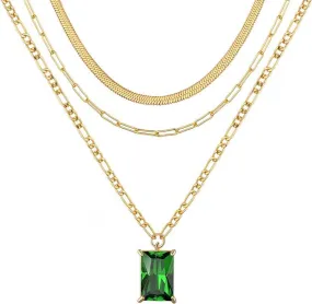 18K Gold Multi Layer Emerald cut Green Necklace