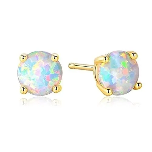 18K Gold Plated Solid Sterling Silver 6mm Round White Opal Stud Earrings For Women