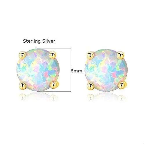 18K Gold Plated Solid Sterling Silver 6mm Round White Opal Stud Earrings For Women