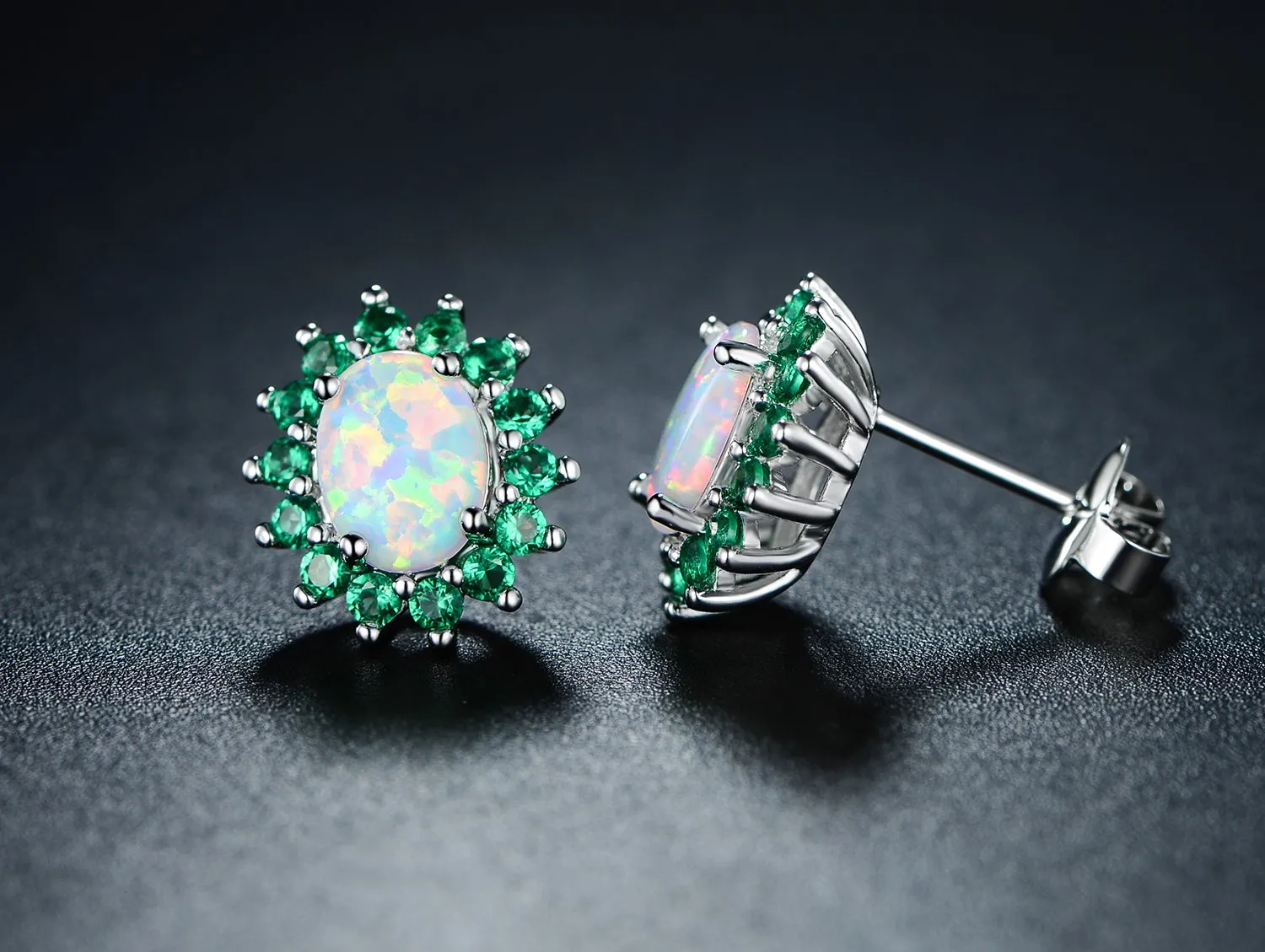 18K White Gold Plated Opal Flower Earrings