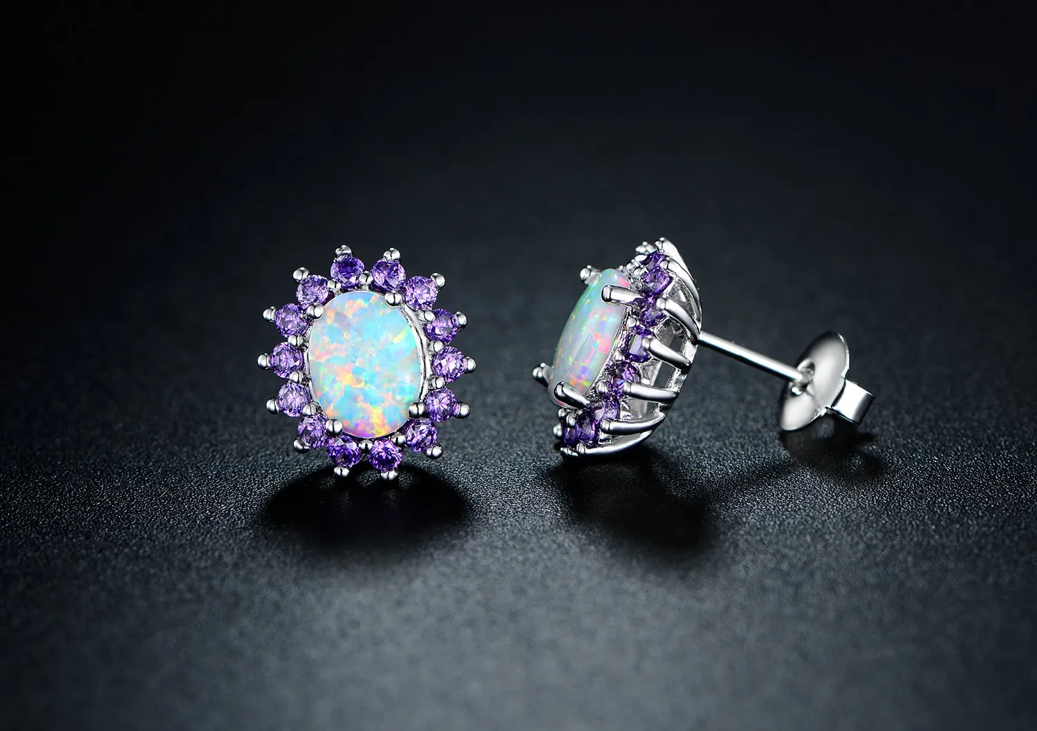 18K White Gold Plated Opal Flower Earrings