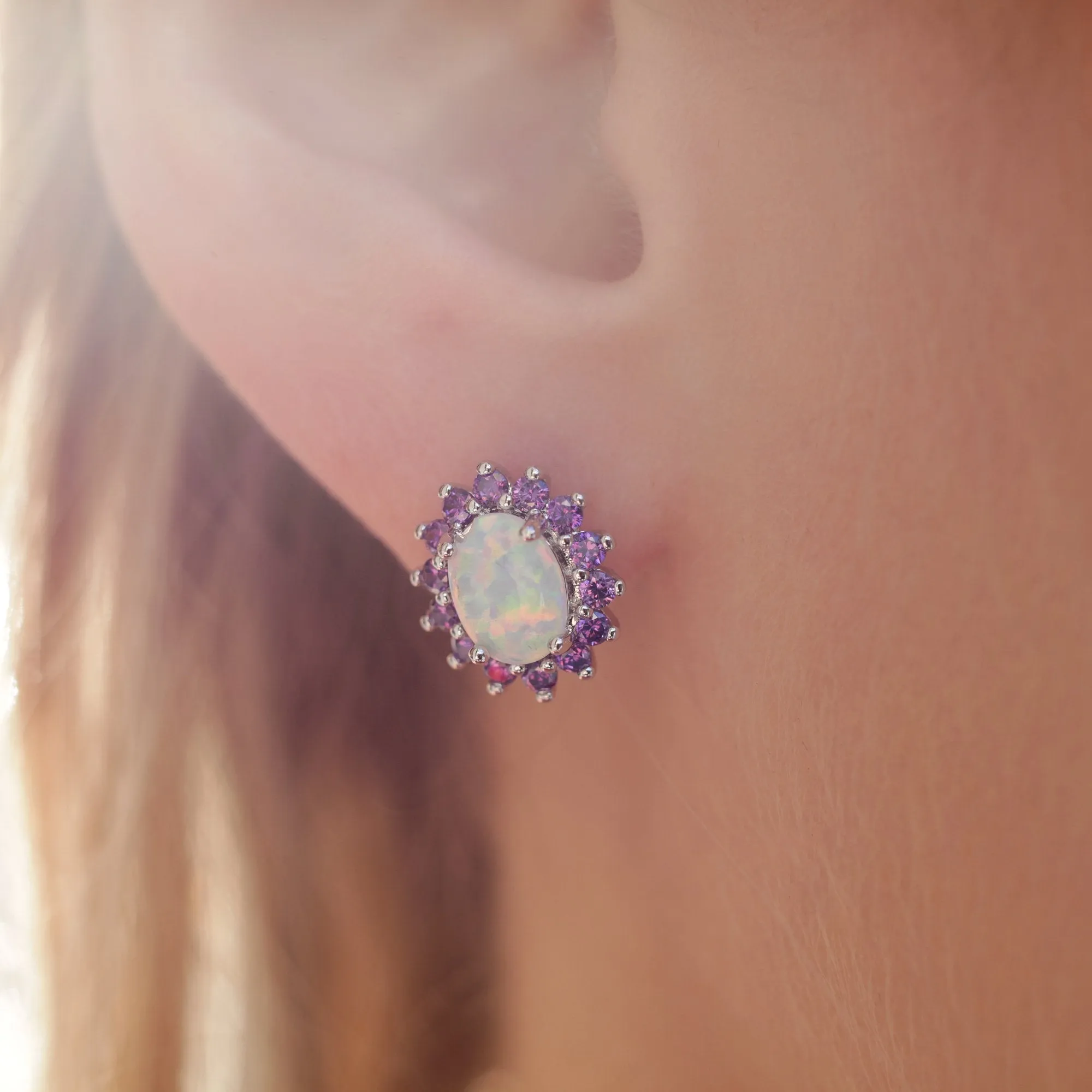 18K White Gold Plated Opal Flower Earrings