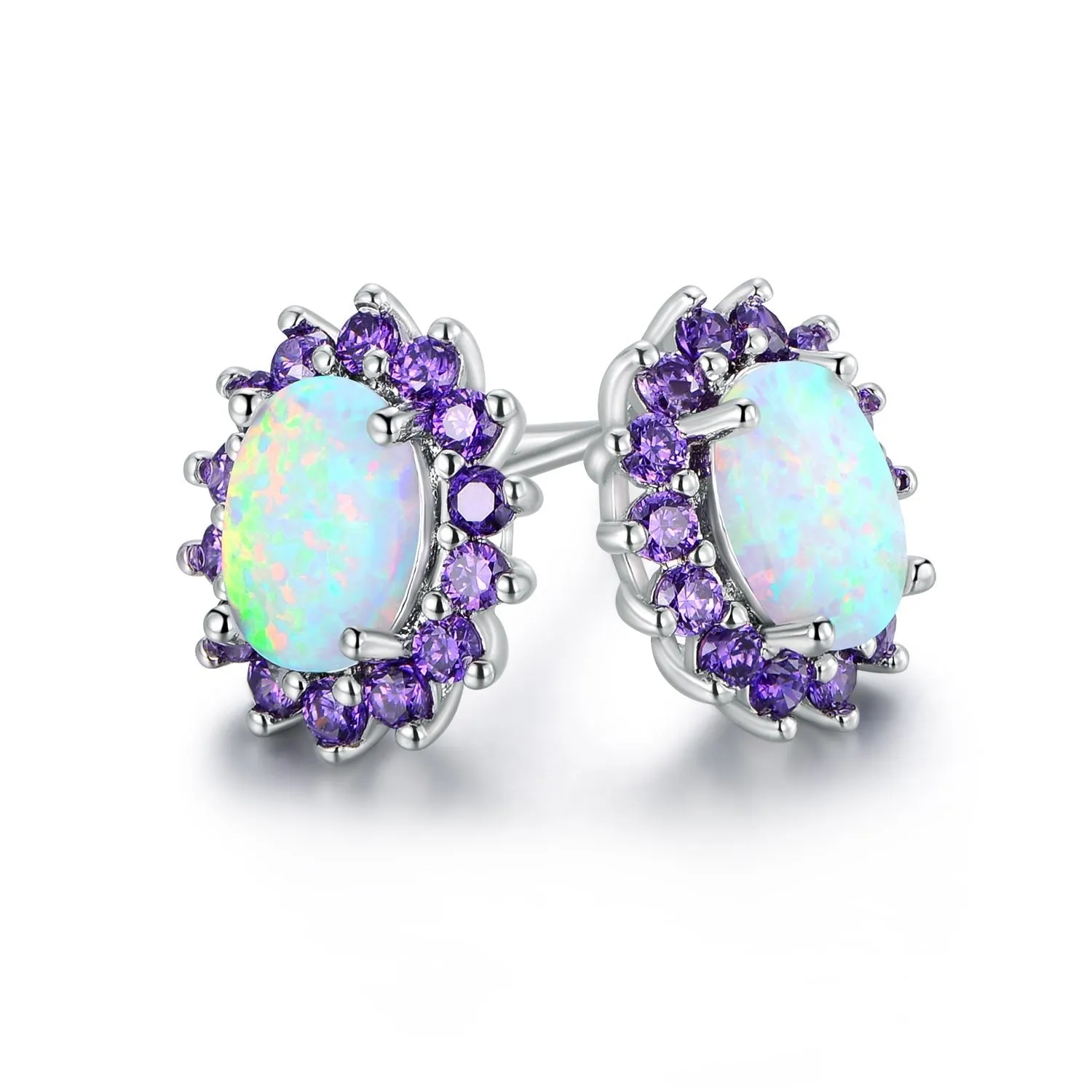 18K White Gold Plated Opal Flower Earrings