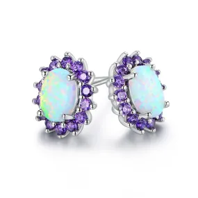 18K White Gold Plated Opal Flower Earrings