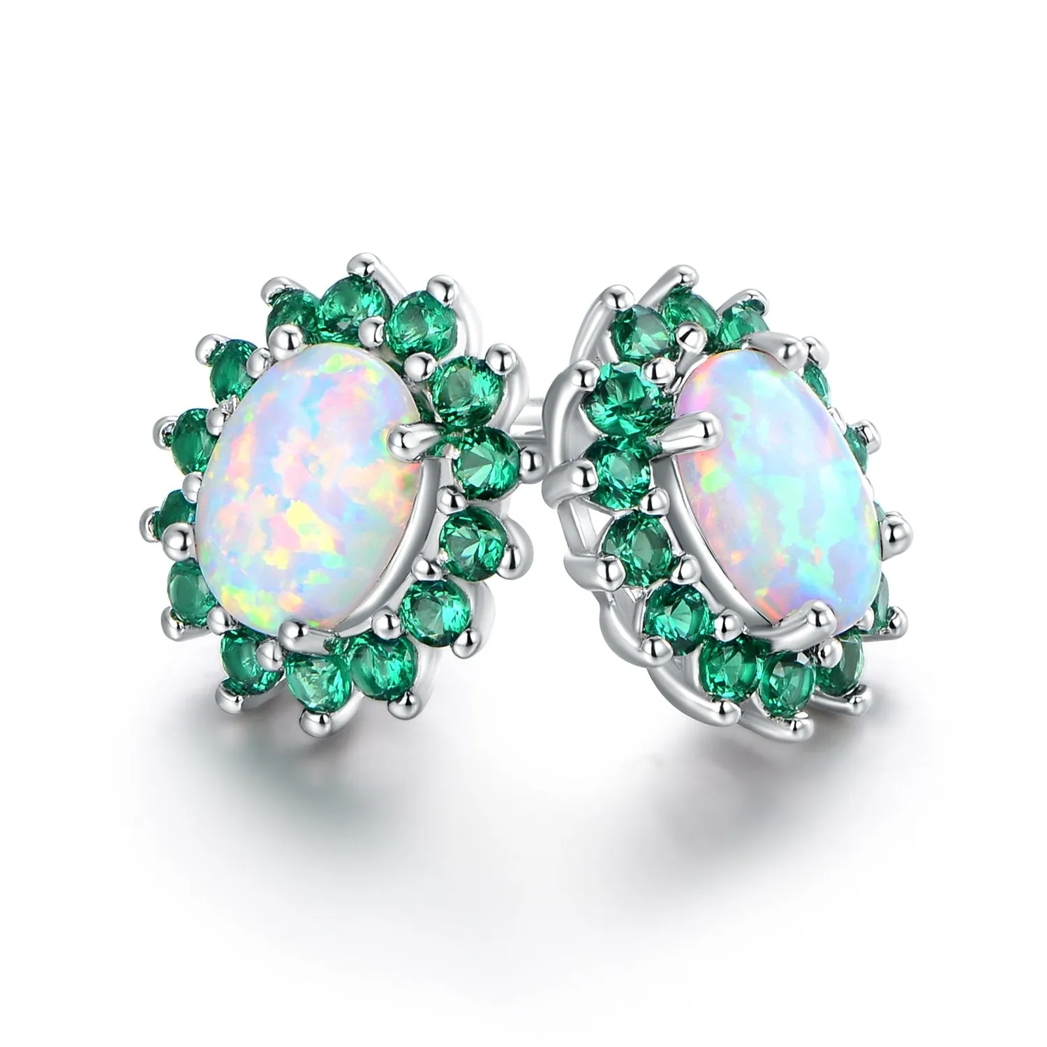 18K White Gold Plated Opal Flower Earrings