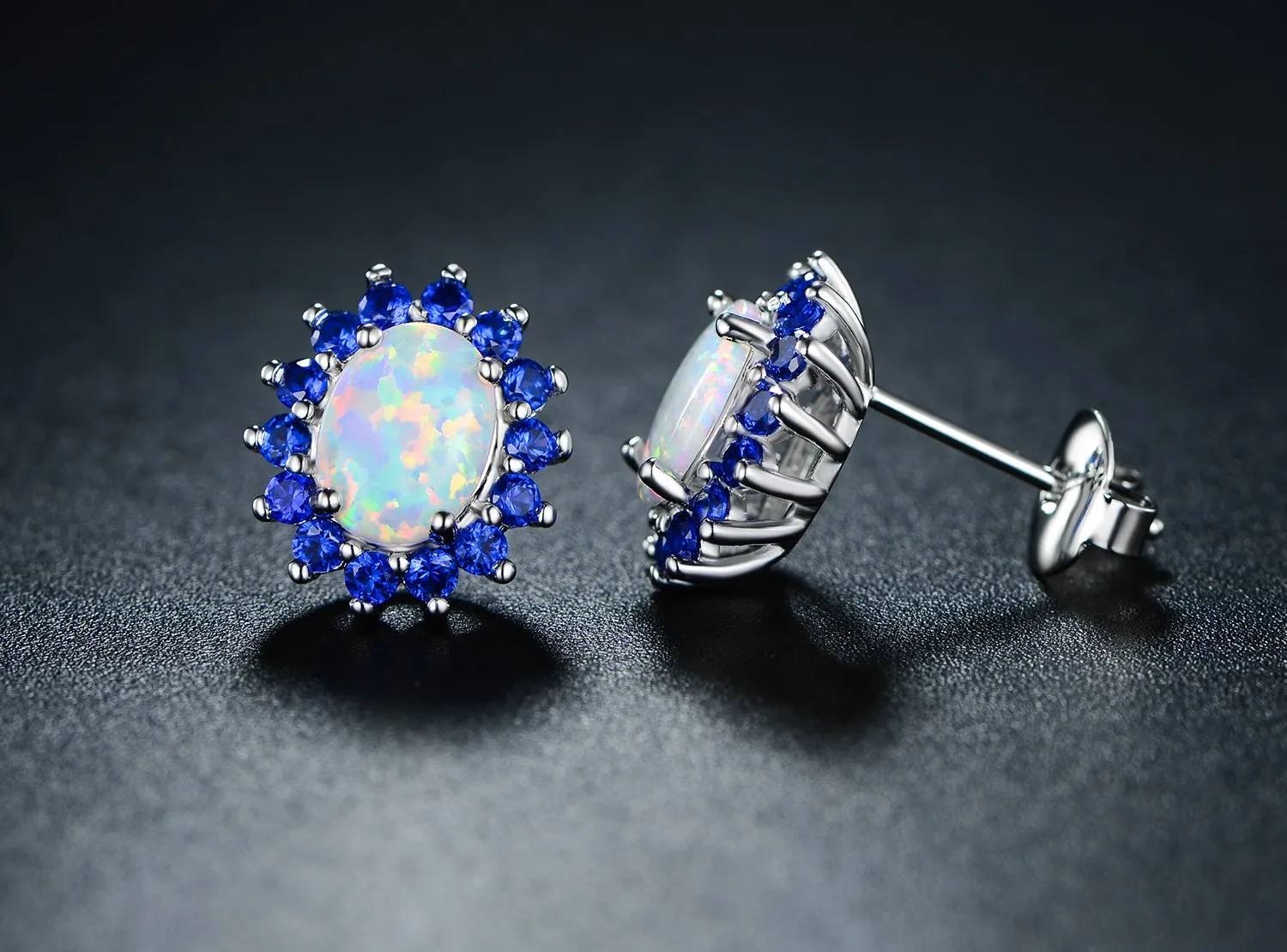 18K White Gold Plated Opal Flower Earrings