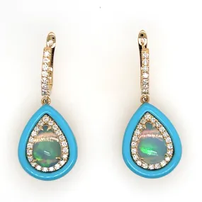 18K Yellow Gold Opal Turqoise and Diamond Earrings
