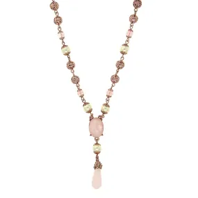 1928 Jewelry Rose Gold Faux Pearl Rose Quartz Y Necklace 16"   3" Extender