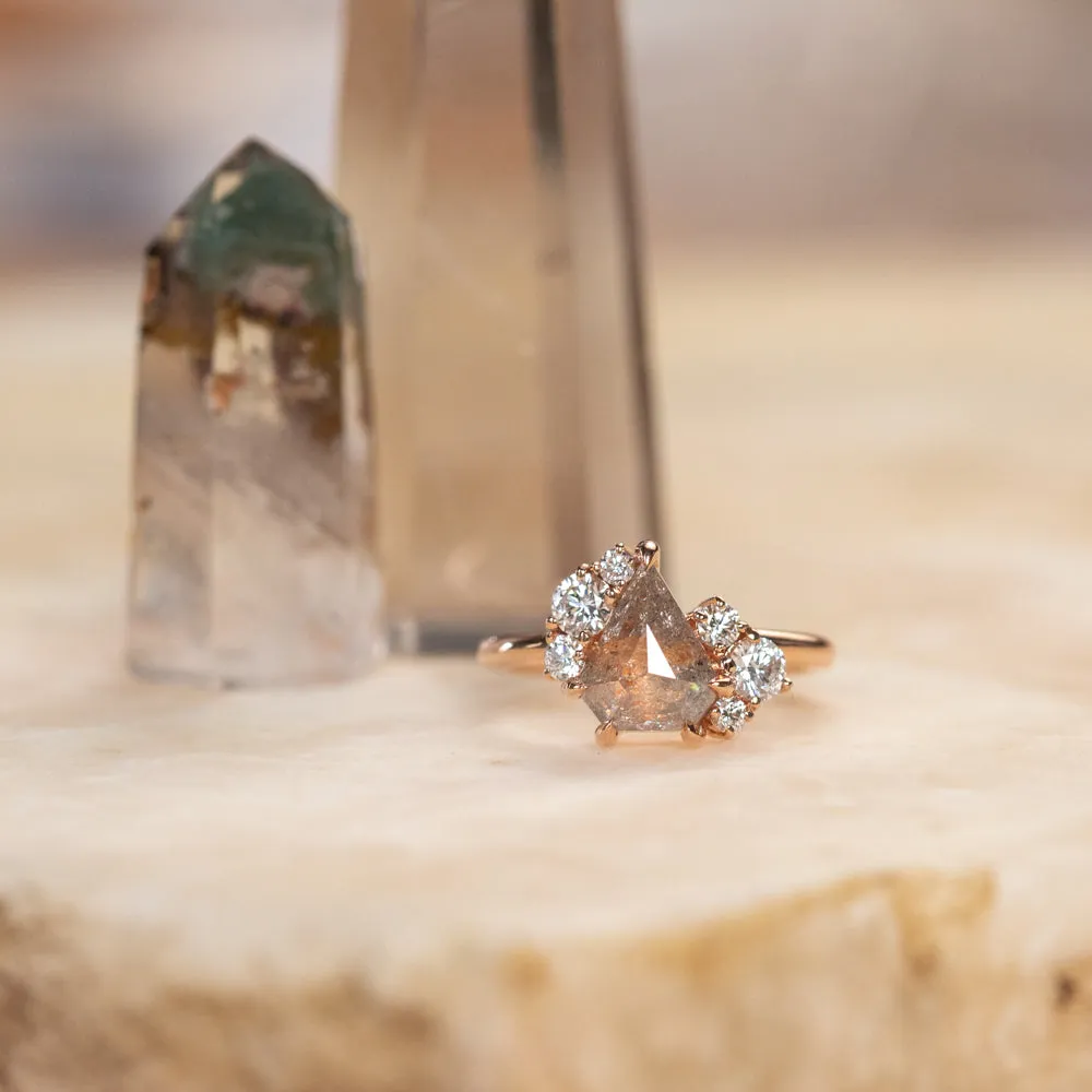2.12ct Shield Rosecut "Coral" Colored Diamond Asymmetrical Cluster Low Profile Ring in 18k Rose Gold