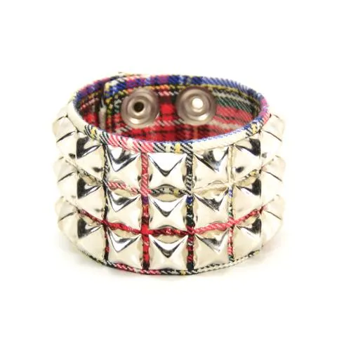 3 Row Plaid Pyramid Stud Wristband (Various Colors)