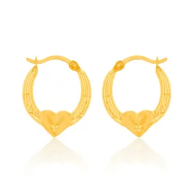 9ct Yellow Gold Diamond Cut Heart On Hoop Earrings