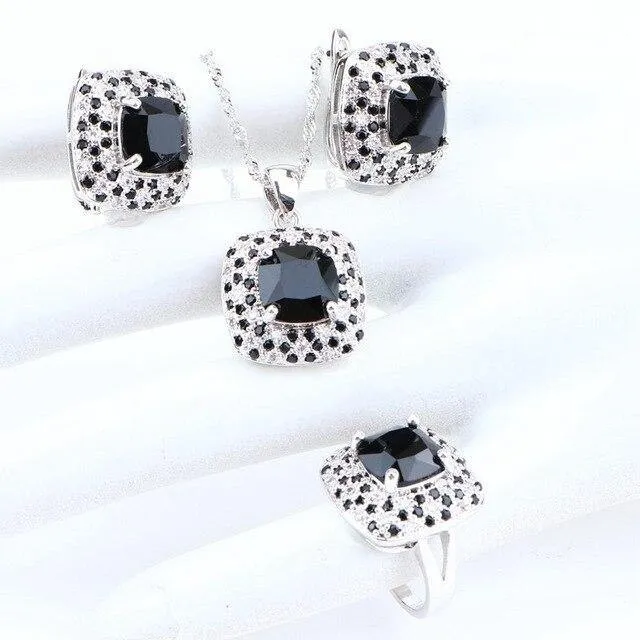Adorable Silver 925 Jewelry AAAA  Quality Black Zirconia Earrings Bracelets Ring Pendant Necklace Bridal Jewelry Set