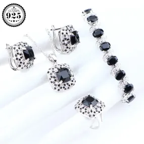 Adorable Silver 925 Jewelry AAAA  Quality Black Zirconia Earrings Bracelets Ring Pendant Necklace Bridal Jewelry Set