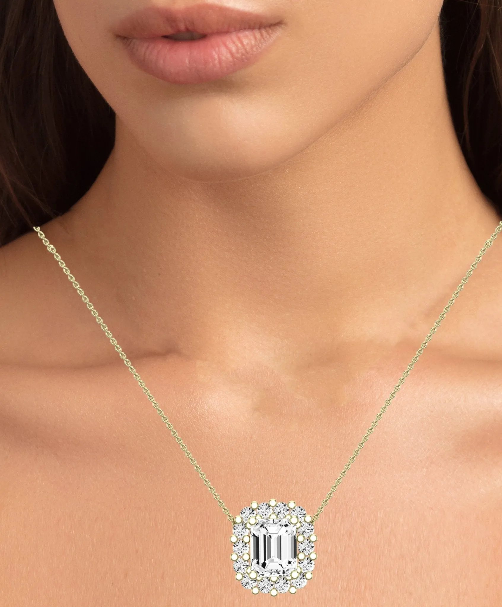 Angelwing Emerald Cut Moissanite Halo Necklace