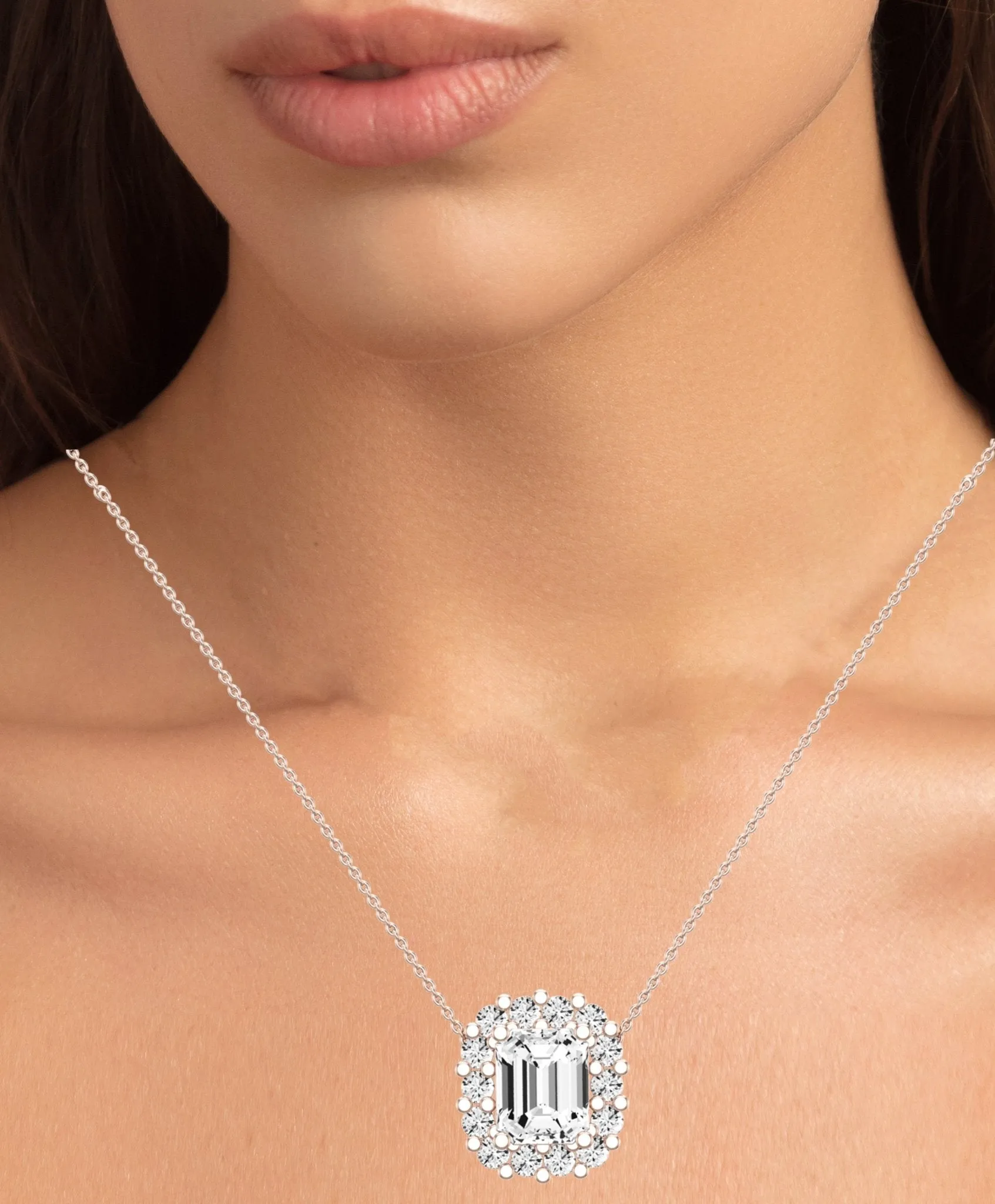 Angelwing Emerald Cut Moissanite Halo Necklace