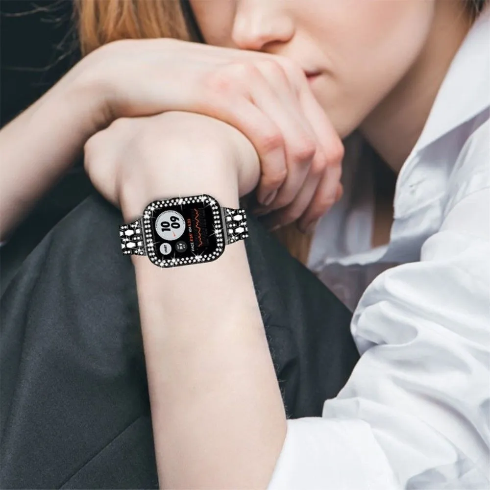 Apple Watch (45mm) five bead shiny rhinestone watch strap - Black / White / Black