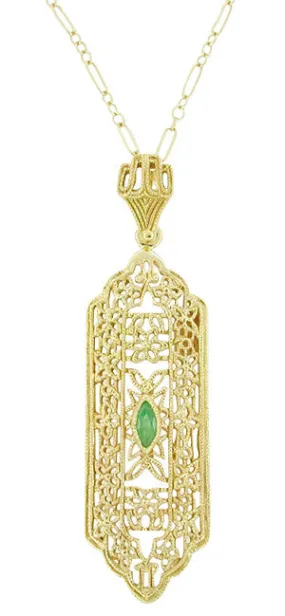 Art Deco Filigree Emerald Lavalier Pendant  Necklace in 14 Karat Yellow Gold