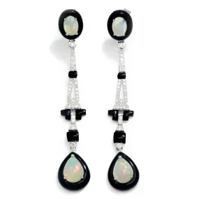 Art Deco Style Opal Drop Dangle Earrings with Diamonds White Gold