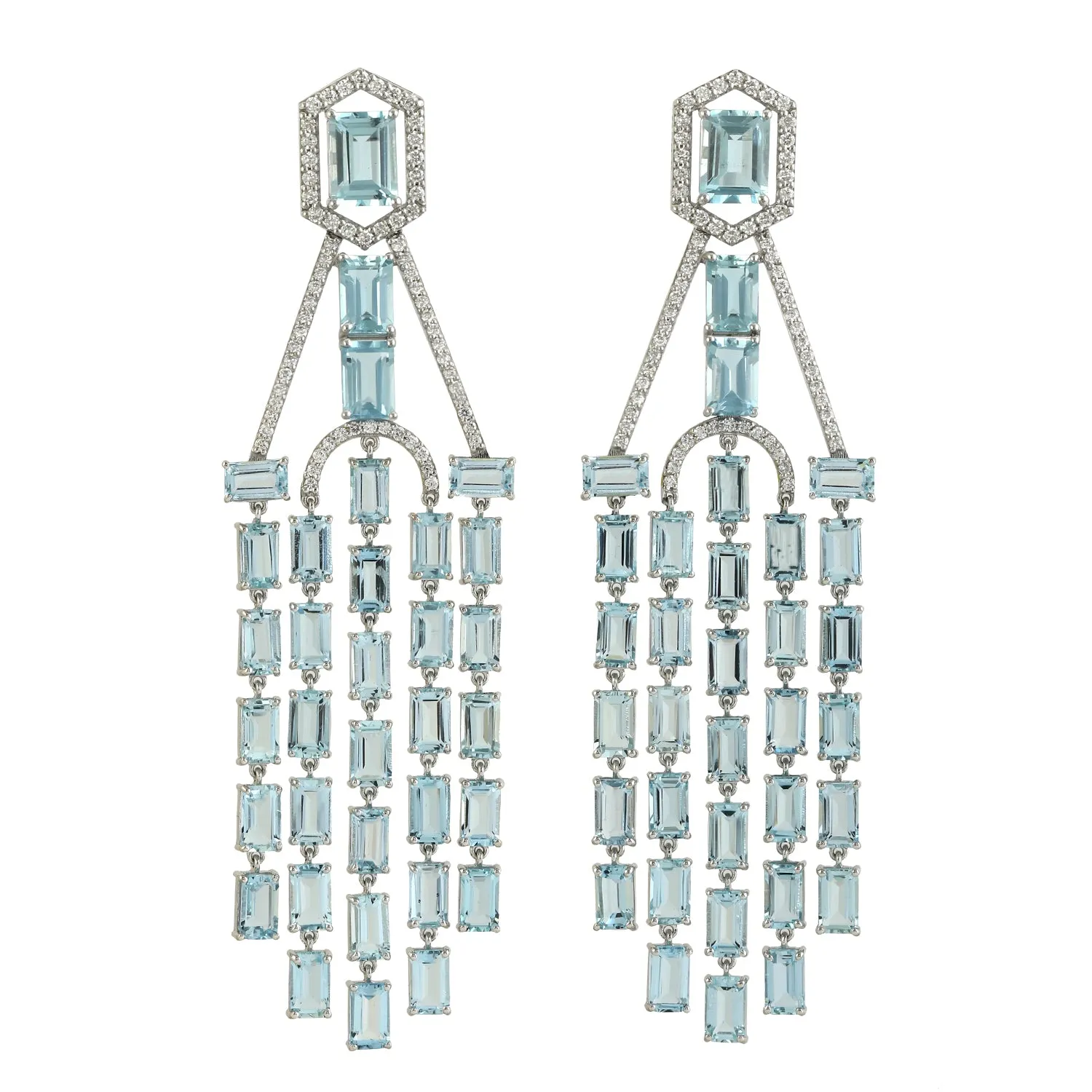 Baguette Aquamarine Pave Diamond Wedding Chandelier Earrings In 18k White Gold