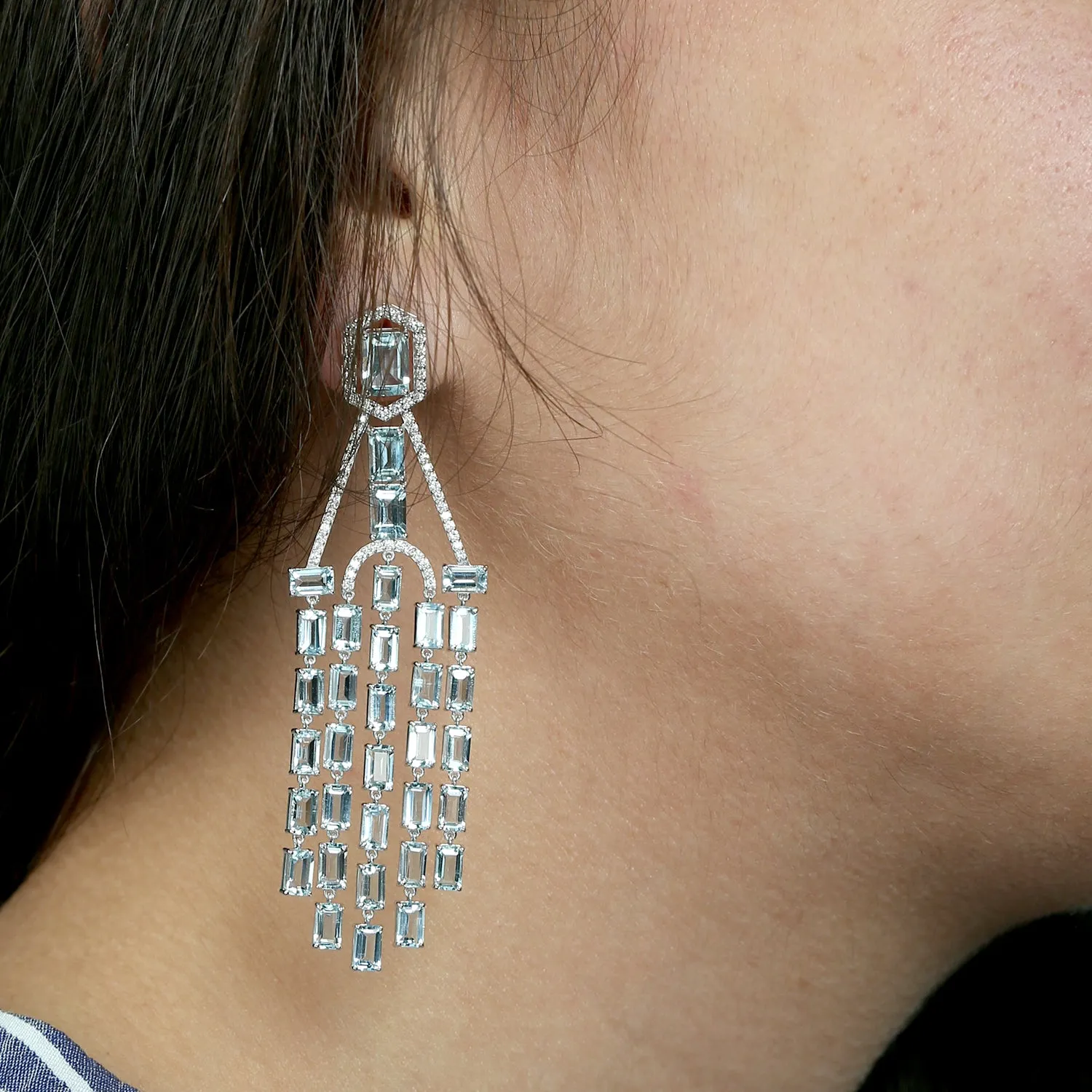 Baguette Aquamarine Pave Diamond Wedding Chandelier Earrings In 18k White Gold