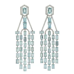 Baguette Aquamarine Pave Diamond Wedding Chandelier Earrings In 18k White Gold