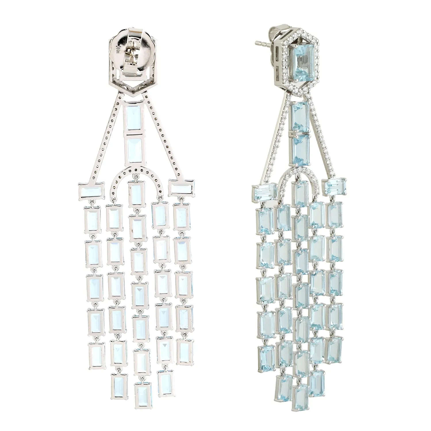 Baguette Aquamarine Pave Diamond Wedding Chandelier Earrings In 18k White Gold