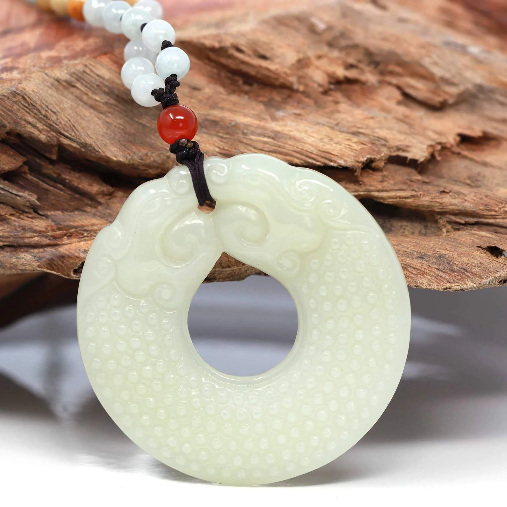 Baikalla™ " Double Dragon Good Fortune" Carving Pendant Necklace Natural White Nephrite Jade