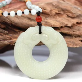 Baikalla™ " Double Dragon Good Fortune" Carving Pendant Necklace Natural White Nephrite Jade