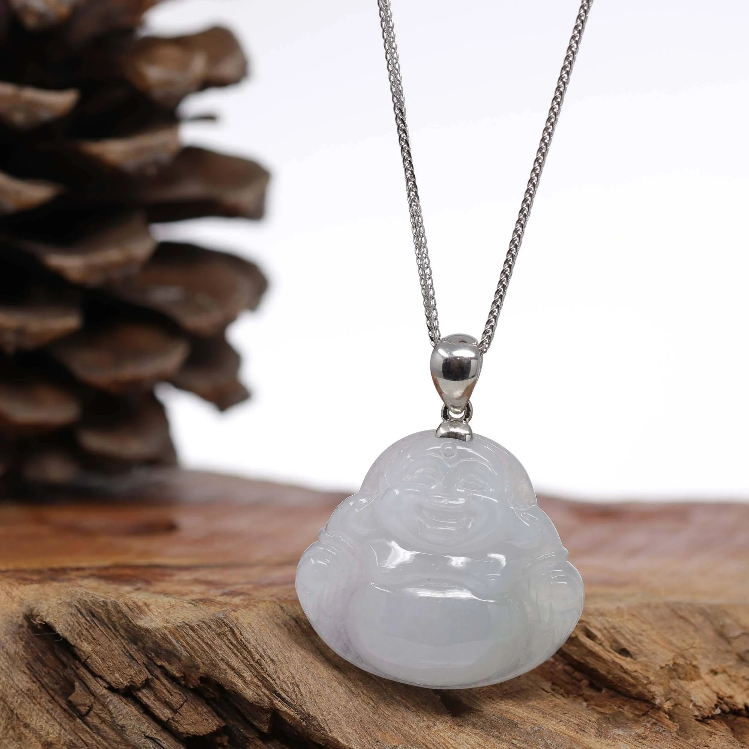 Baikalla™ "Laughing Buddha" Genuine Lavender Jadeite Buddha Pendant Necklace With Silver  Bail