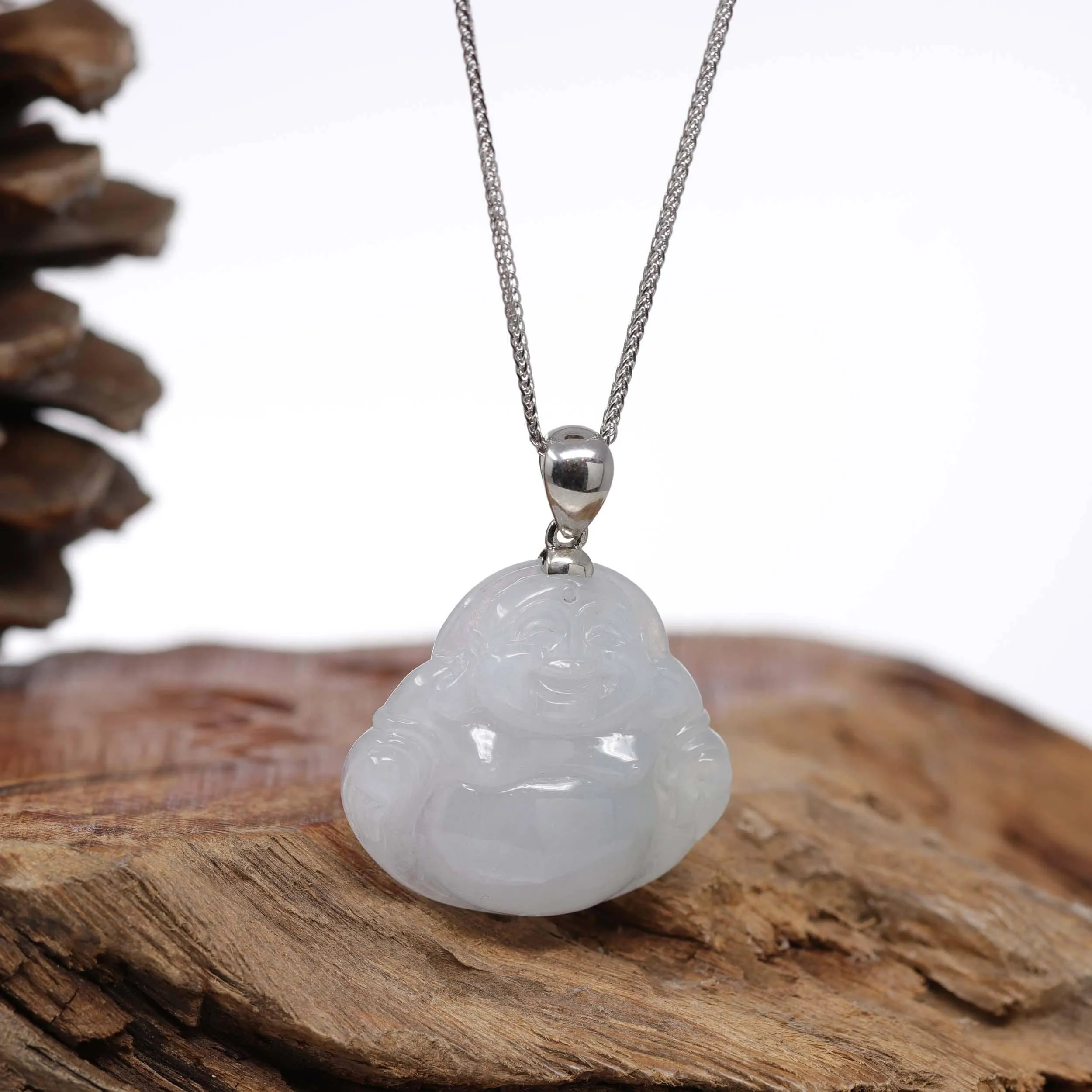 Baikalla™ "Laughing Buddha" Genuine Lavender Jadeite Buddha Pendant Necklace With Silver  Bail
