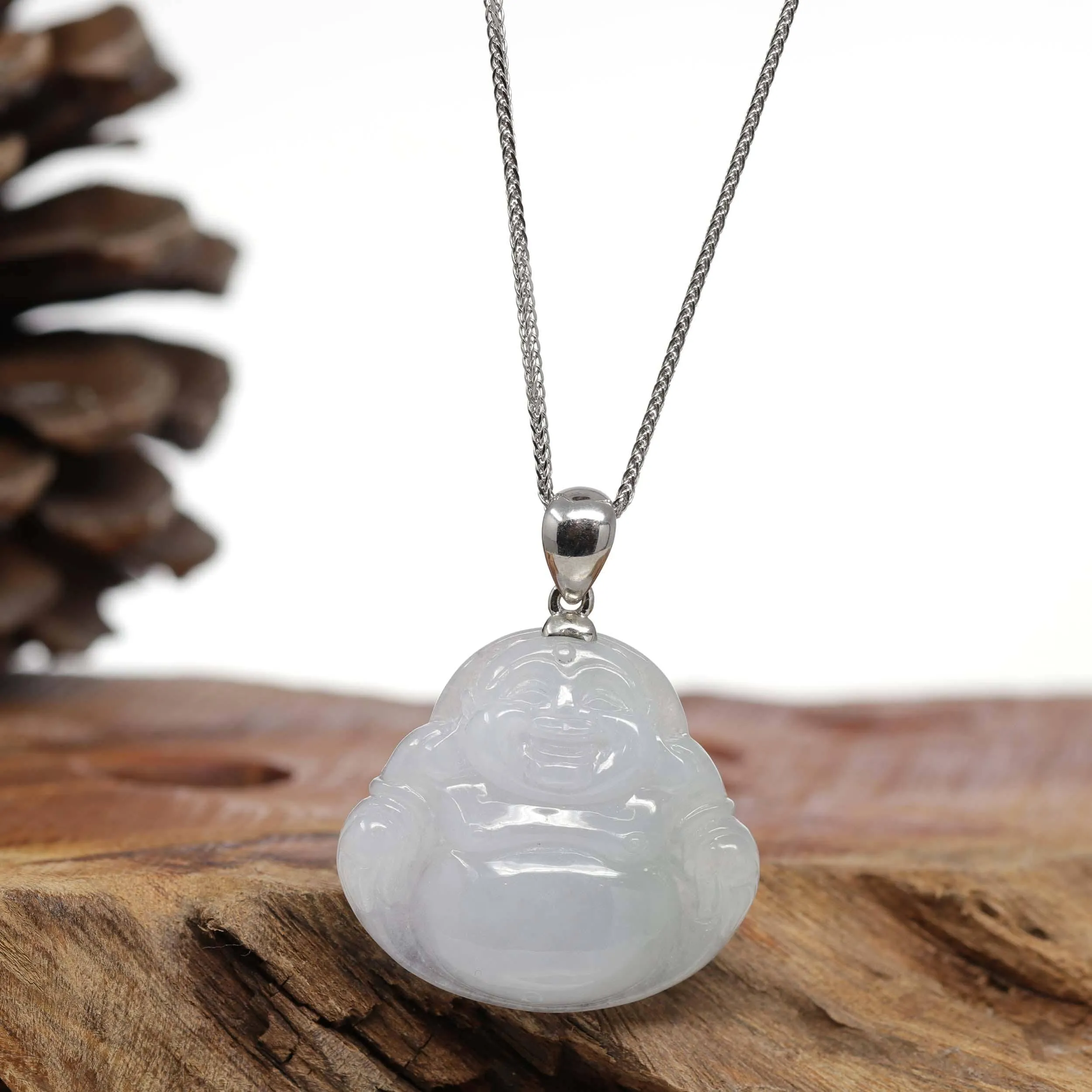 Baikalla™ "Laughing Buddha" Genuine Lavender Jadeite Buddha Pendant Necklace With Silver  Bail