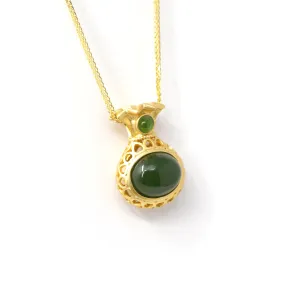 Baikalla™ "Lucky Money Bag" Necklace Gold Plated Sterling Silver Natural Nephrite Jade Necklace