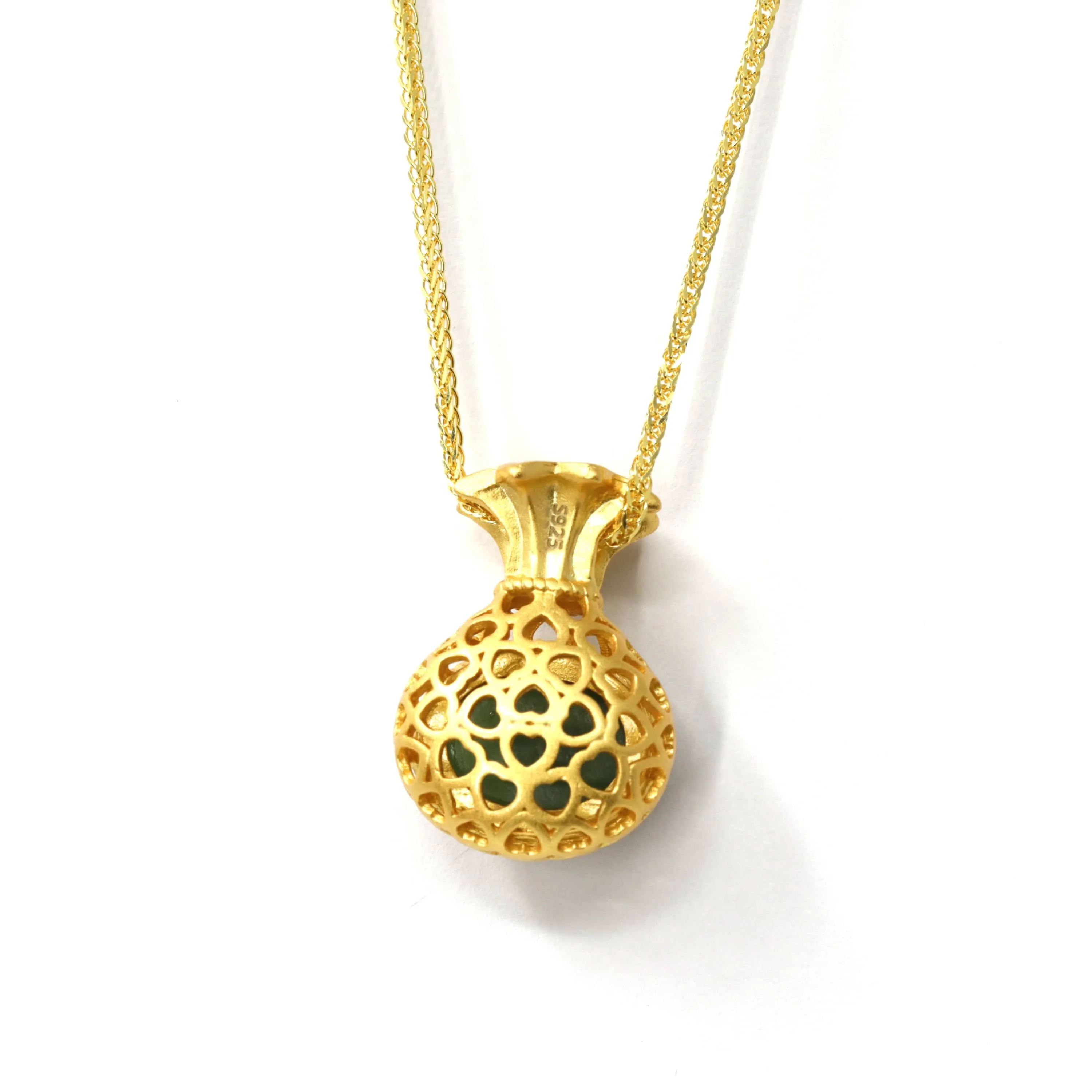 Baikalla™ "Lucky Money Bag" Necklace Gold Plated Sterling Silver Natural Nephrite Jade Necklace