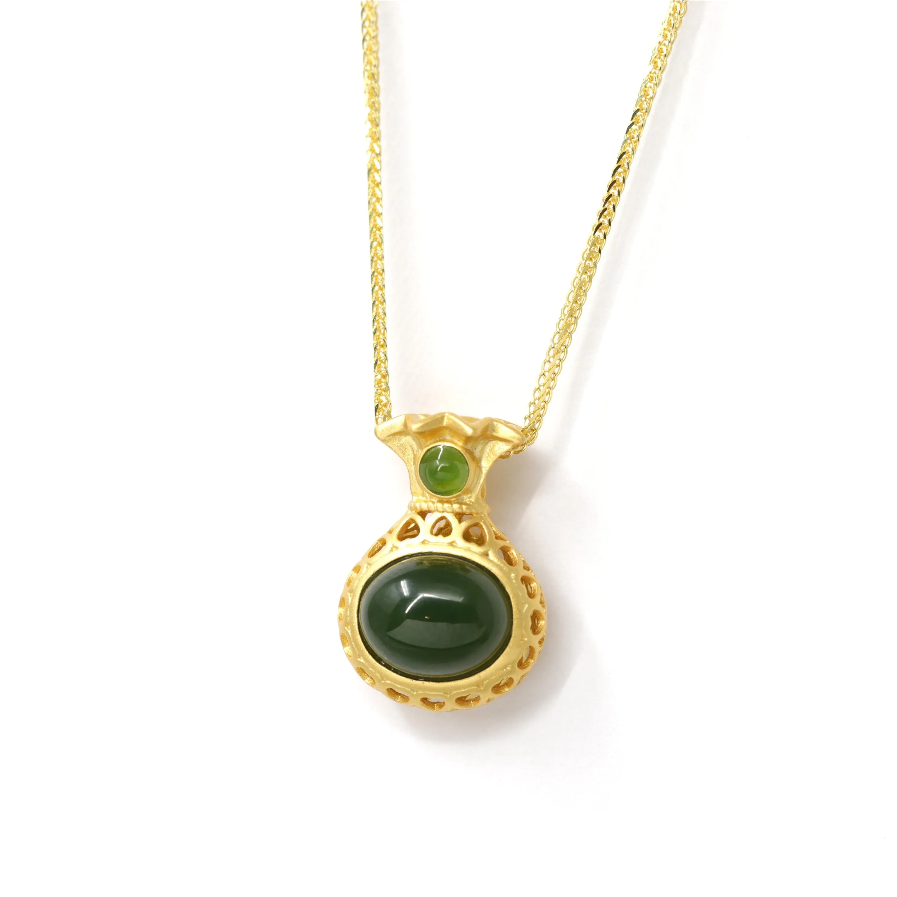 Baikalla™ "Lucky Money Bag" Necklace Gold Plated Sterling Silver Natural Nephrite Jade Necklace