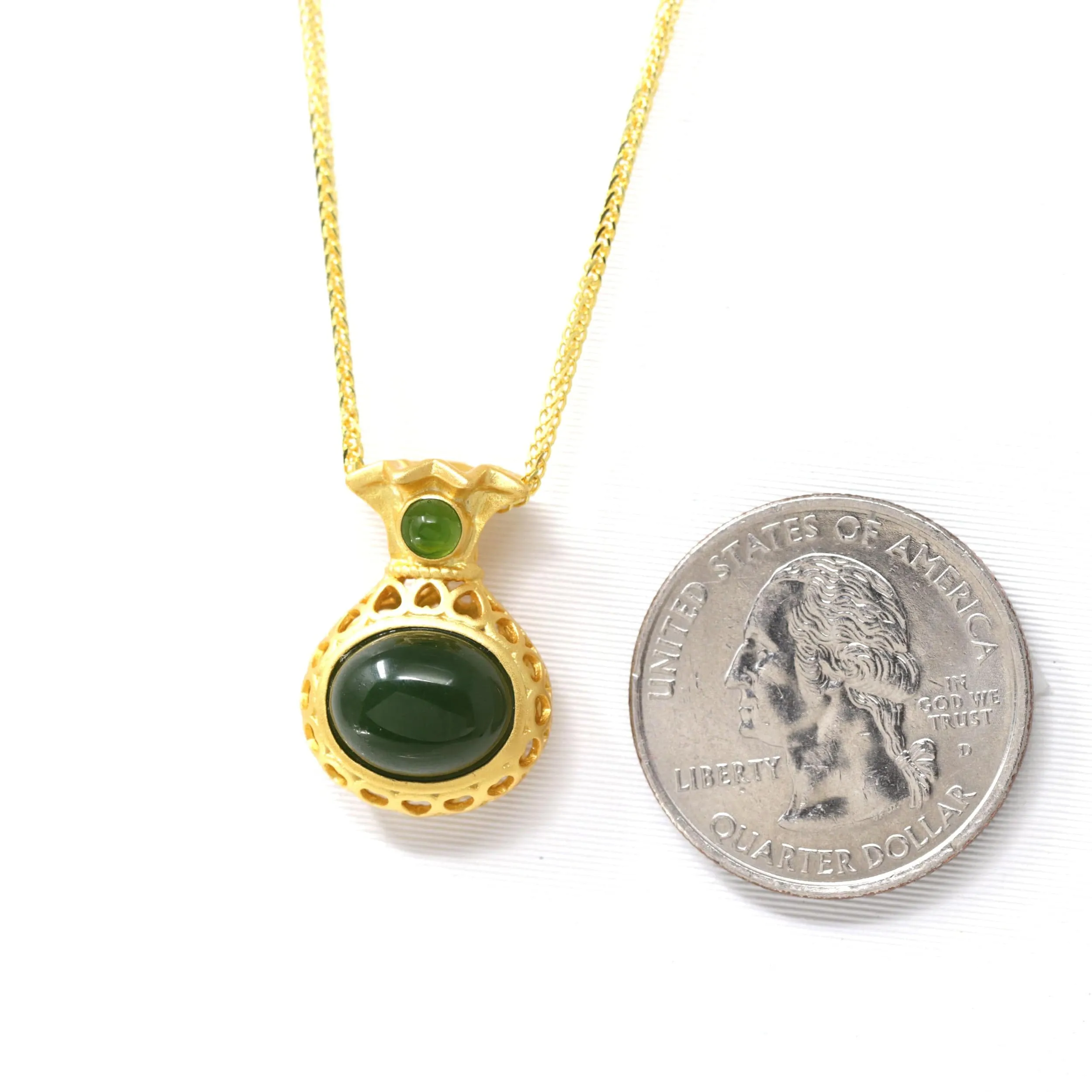 Baikalla™ "Lucky Money Bag" Necklace Gold Plated Sterling Silver Natural Nephrite Jade Necklace