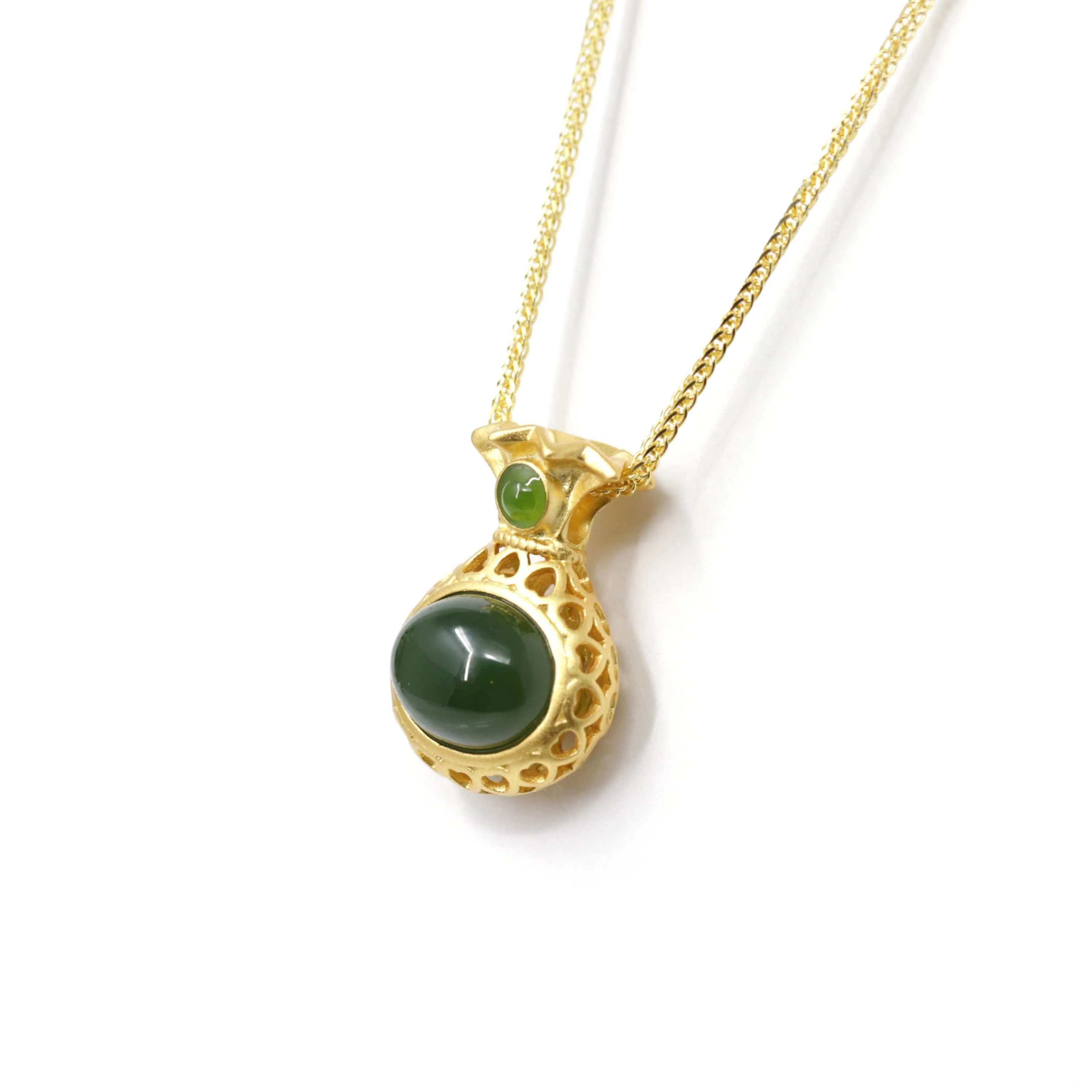 Baikalla™ "Lucky Money Bag" Necklace Gold Plated Sterling Silver Natural Nephrite Jade Necklace
