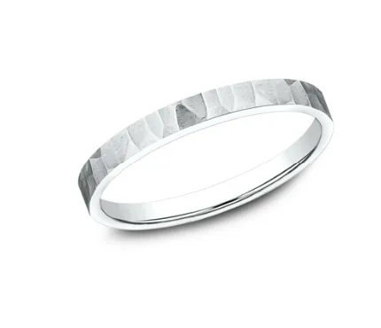 Benchmark 2mm 14k Gold Wedding Band with a Satin, Hammered Finish