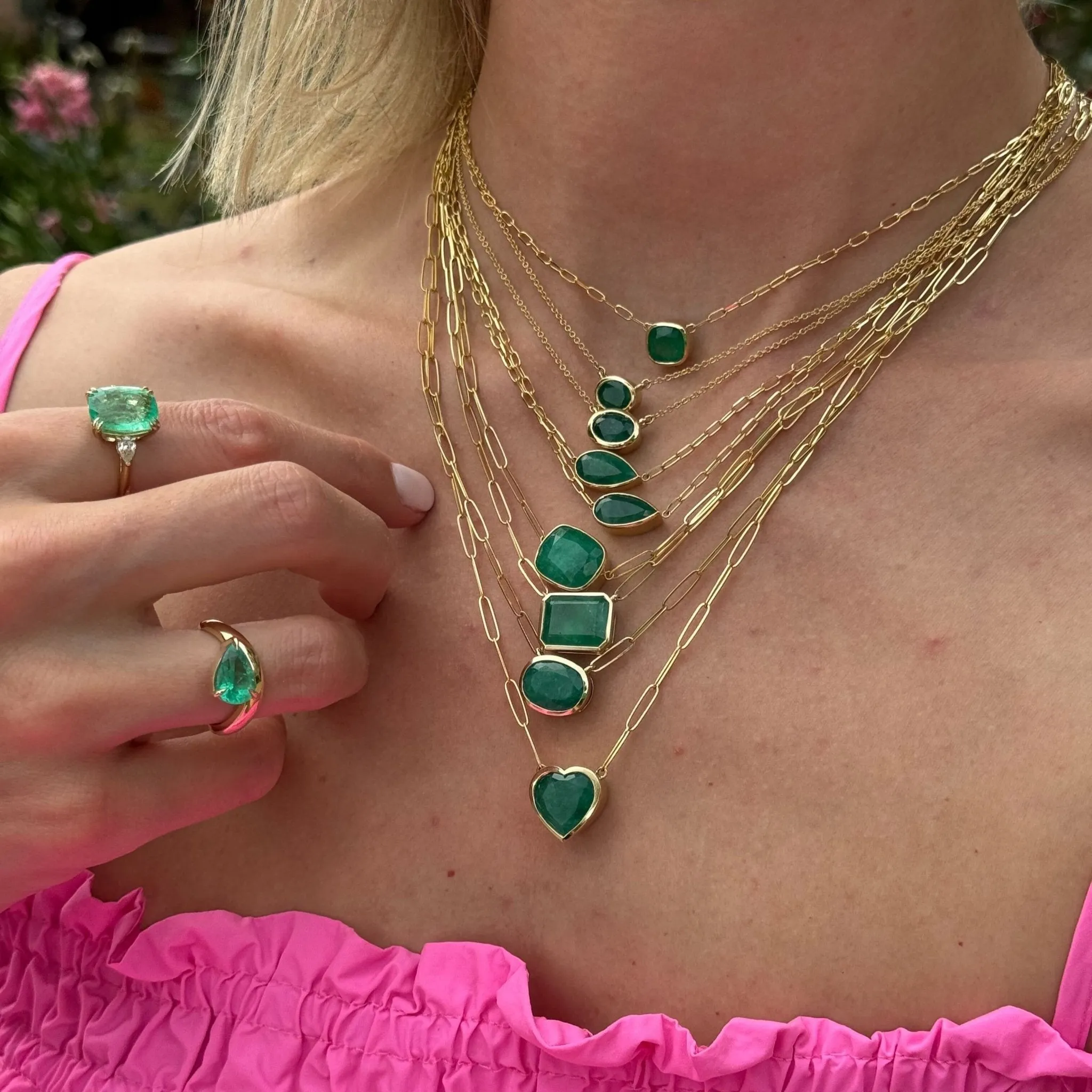Bezel Set Heart Cut Emerald Necklace